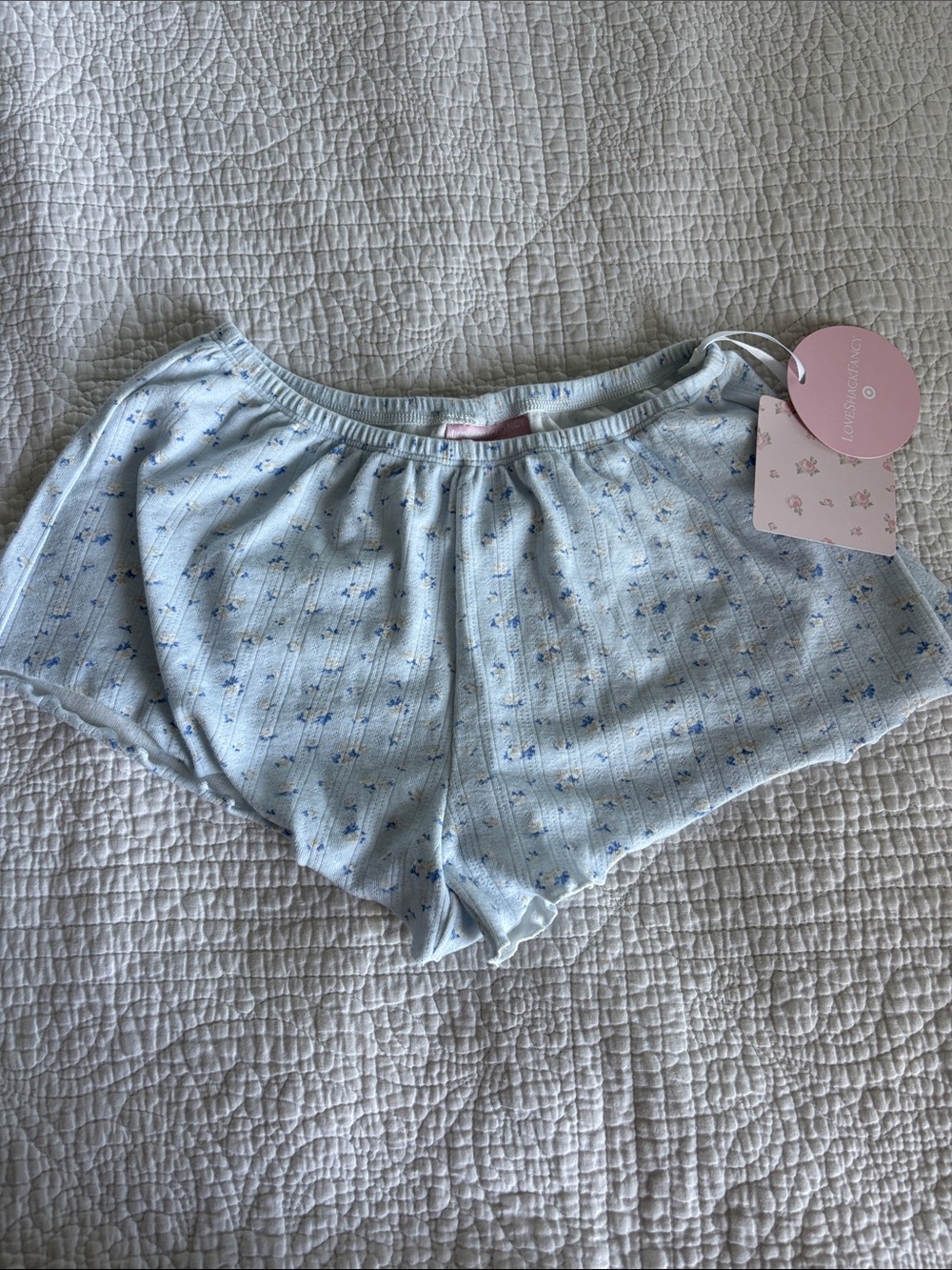 LoveShackFancy Light Blue Floral Ribbed Lounge Shorts